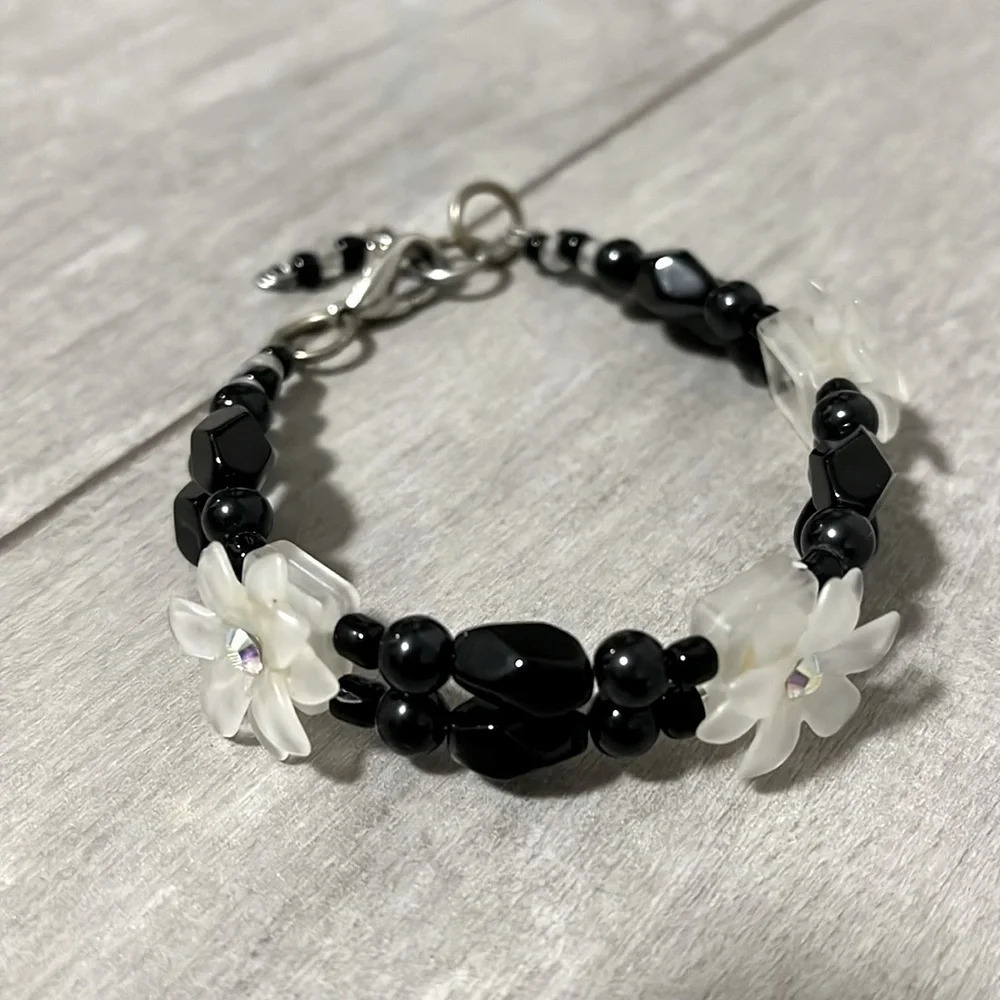 Swarovski Crystal Flower Beaded Black Double Layer Bracelet HANDMADE